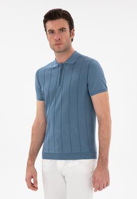 İndigo Slim Fit Nervürlü Fermuarlı Polo Yaka Triko T-shirt
