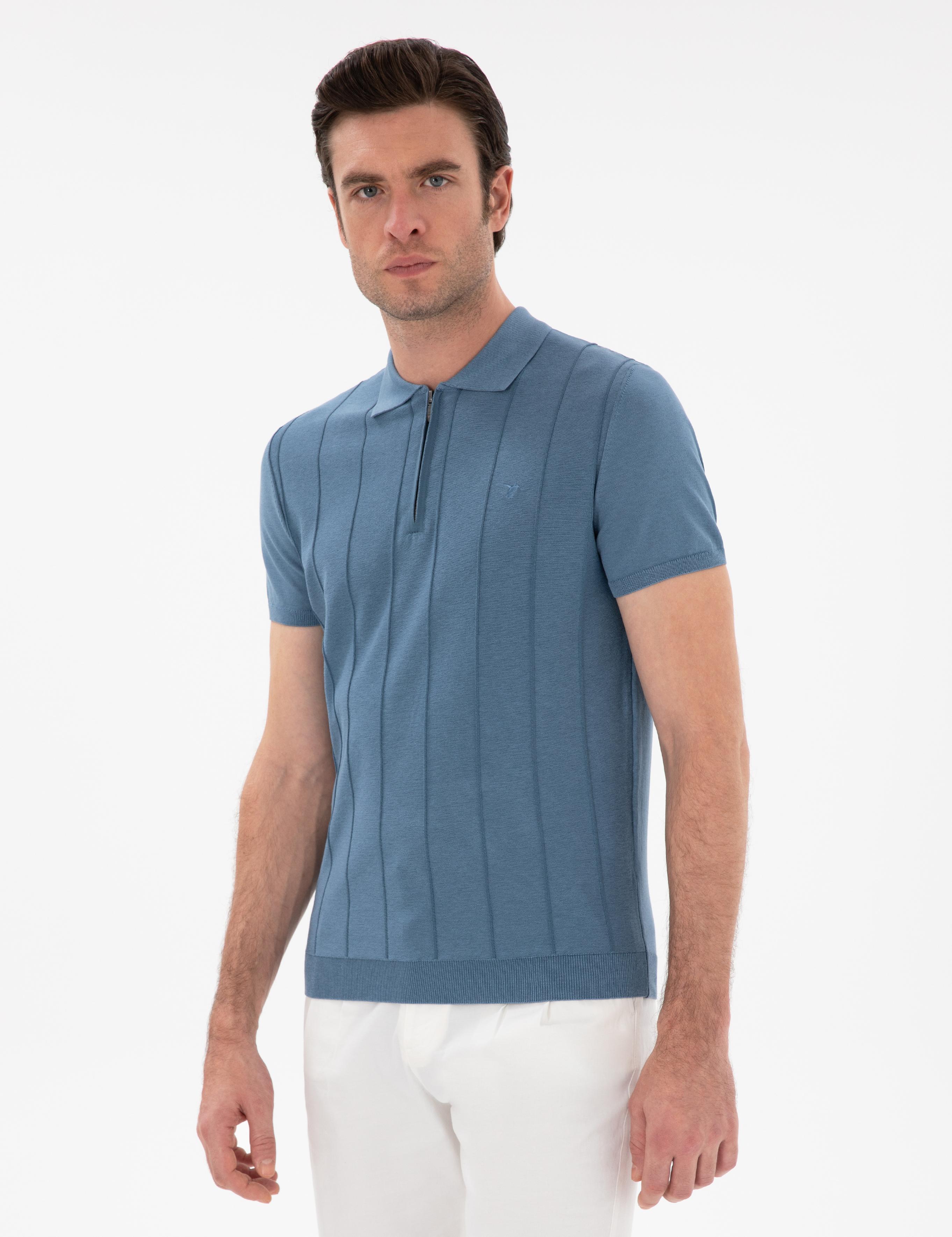 İndigo Slim Fit Nervürlü Fermuarlı Polo Yaka Triko T-shirt - 50309871026