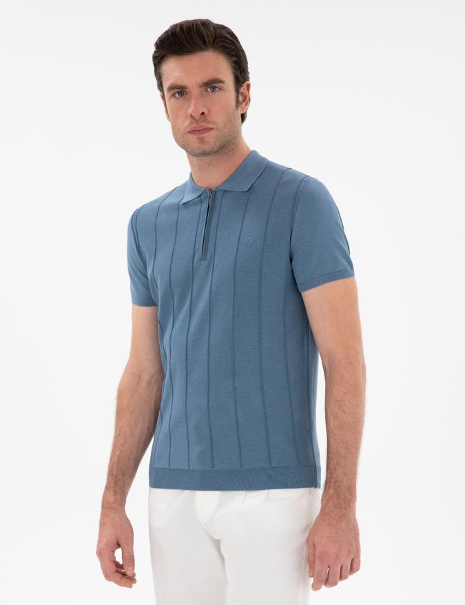 İndigo Slim Fit Nervürlü Fermuarlı Polo Yaka Triko T-shirt