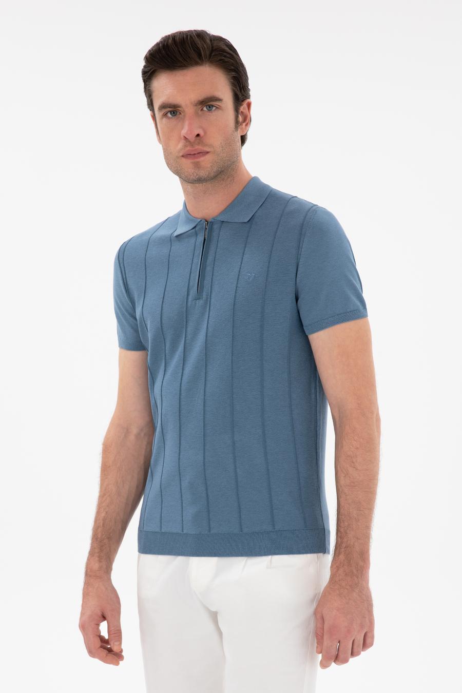İndigo Slim Fit Nervürlü Fermuarlı Polo Yaka Triko T-shirt - 50309871026