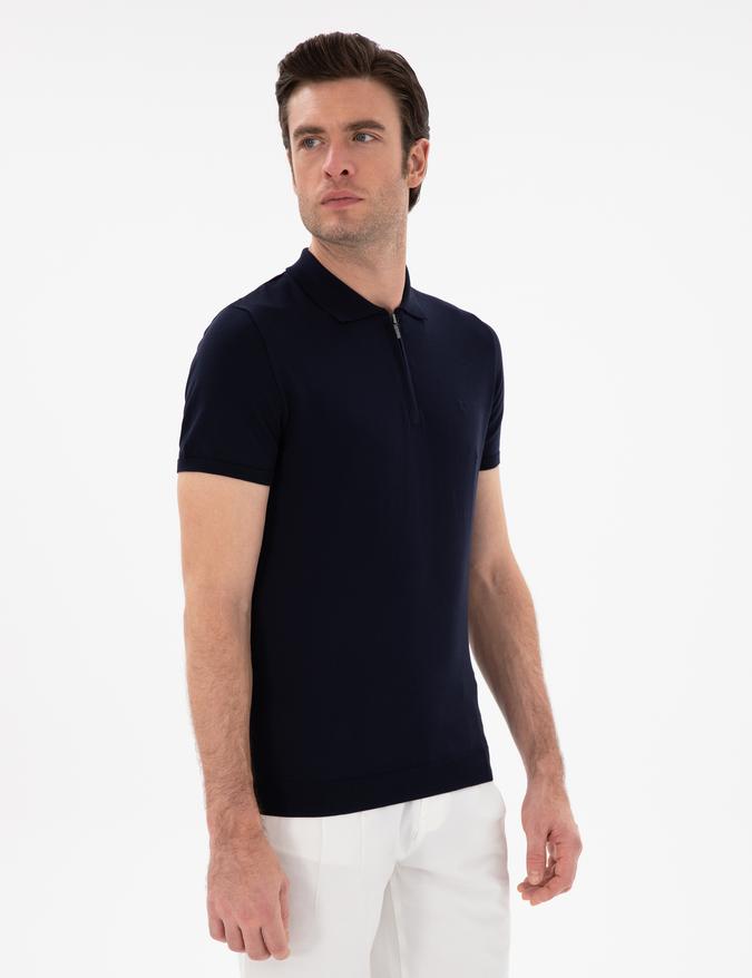 Lacivert Slim Fit Fermuarlı Polo Yaka Triko T-shirt