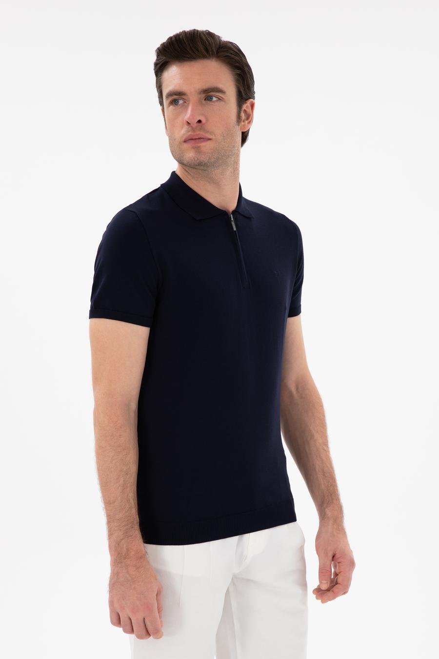 Lacivert Slim Fit Fermuarlı Polo Yaka Triko T-shirt - 50309881004