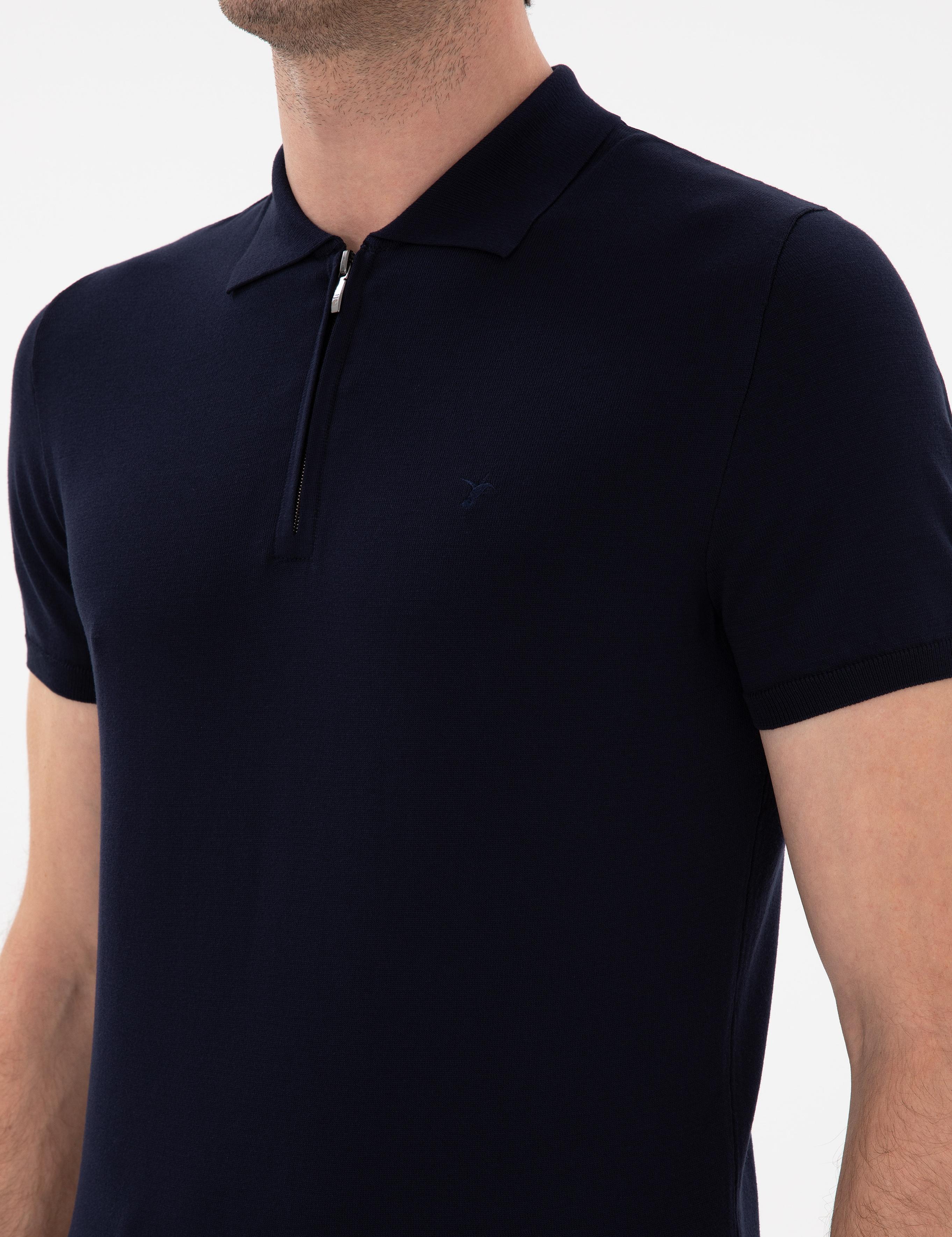 Lacivert Slim Fit Fermuarlı Polo Yaka Triko T-shirt - 50309881004
