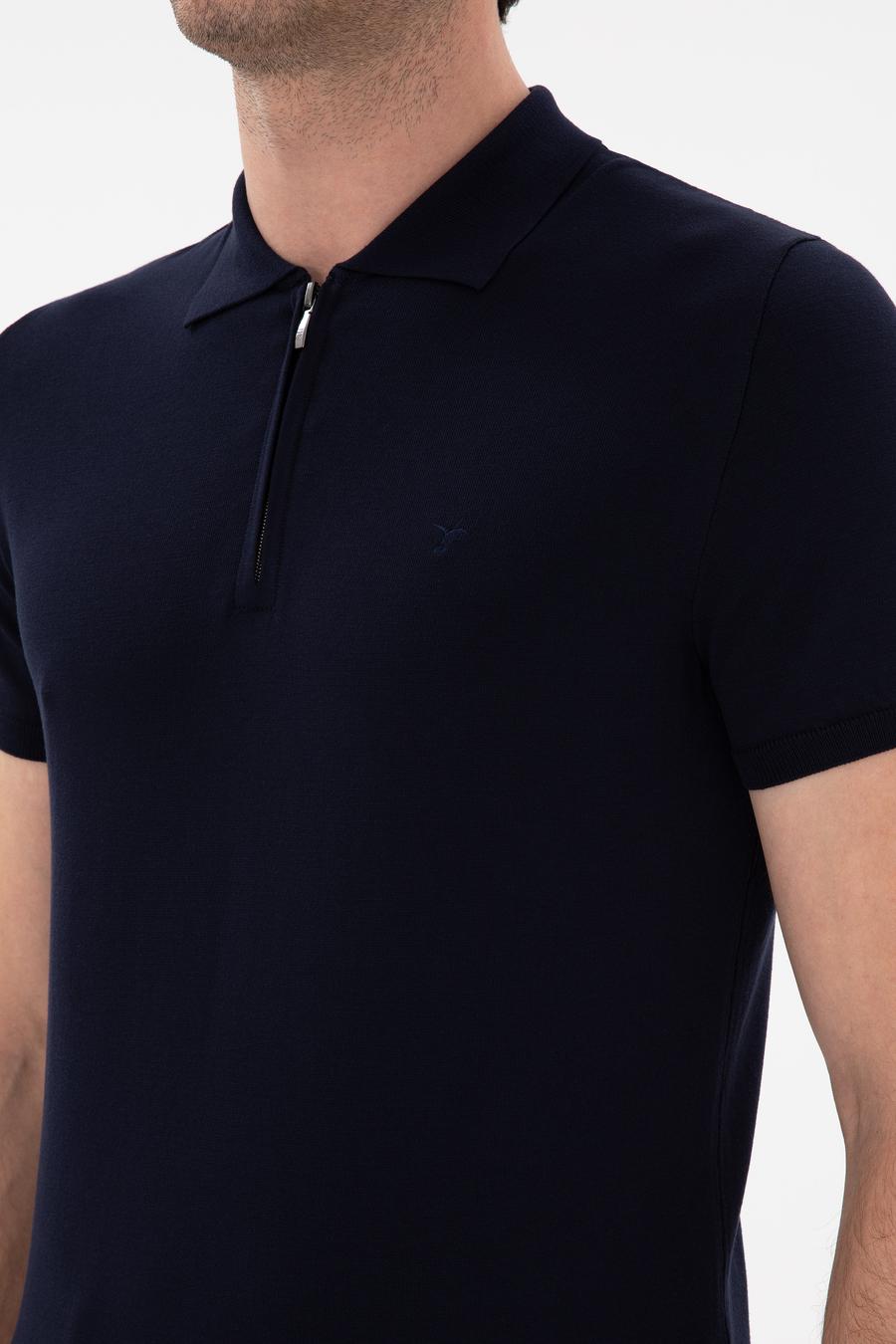 Lacivert Slim Fit Fermuarlı Polo Yaka Triko T-shirt - 50309881004