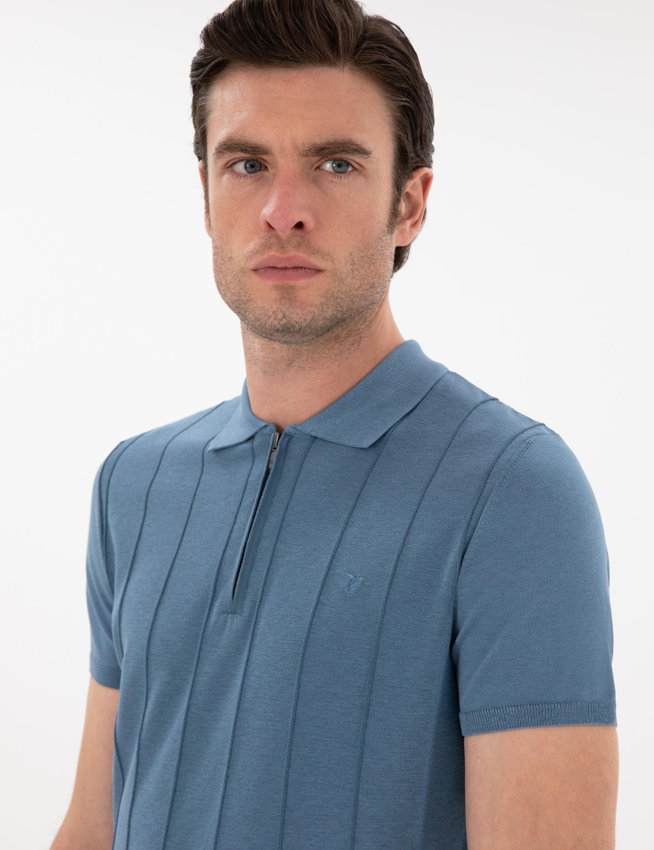 İndigo Slim Fit Nervürlü Fermuarlı Polo Yaka Triko T-shirt - 50309871026