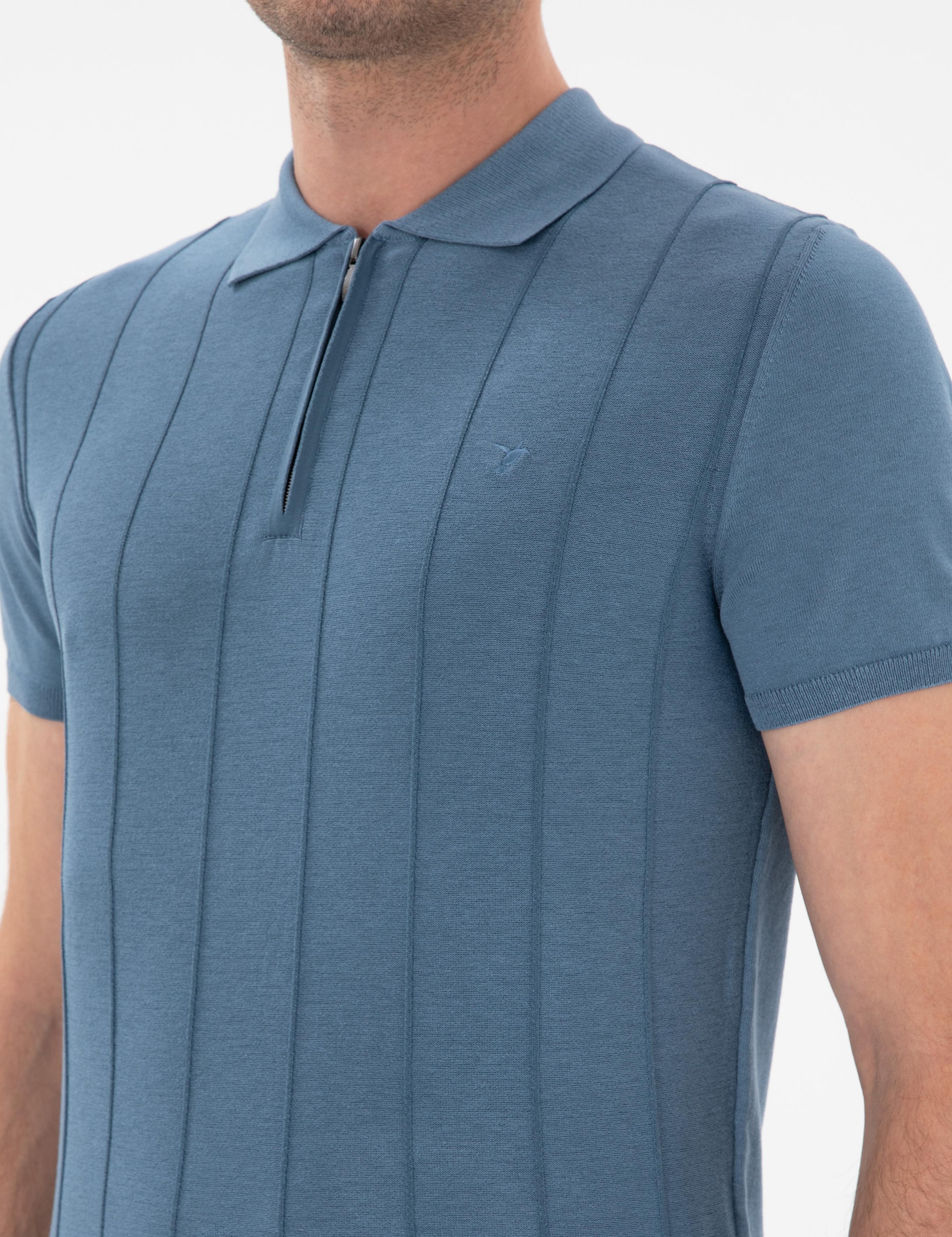 İndigo Slim Fit Nervürlü Fermuarlı Polo Yaka Triko T-shirt - 50309871026