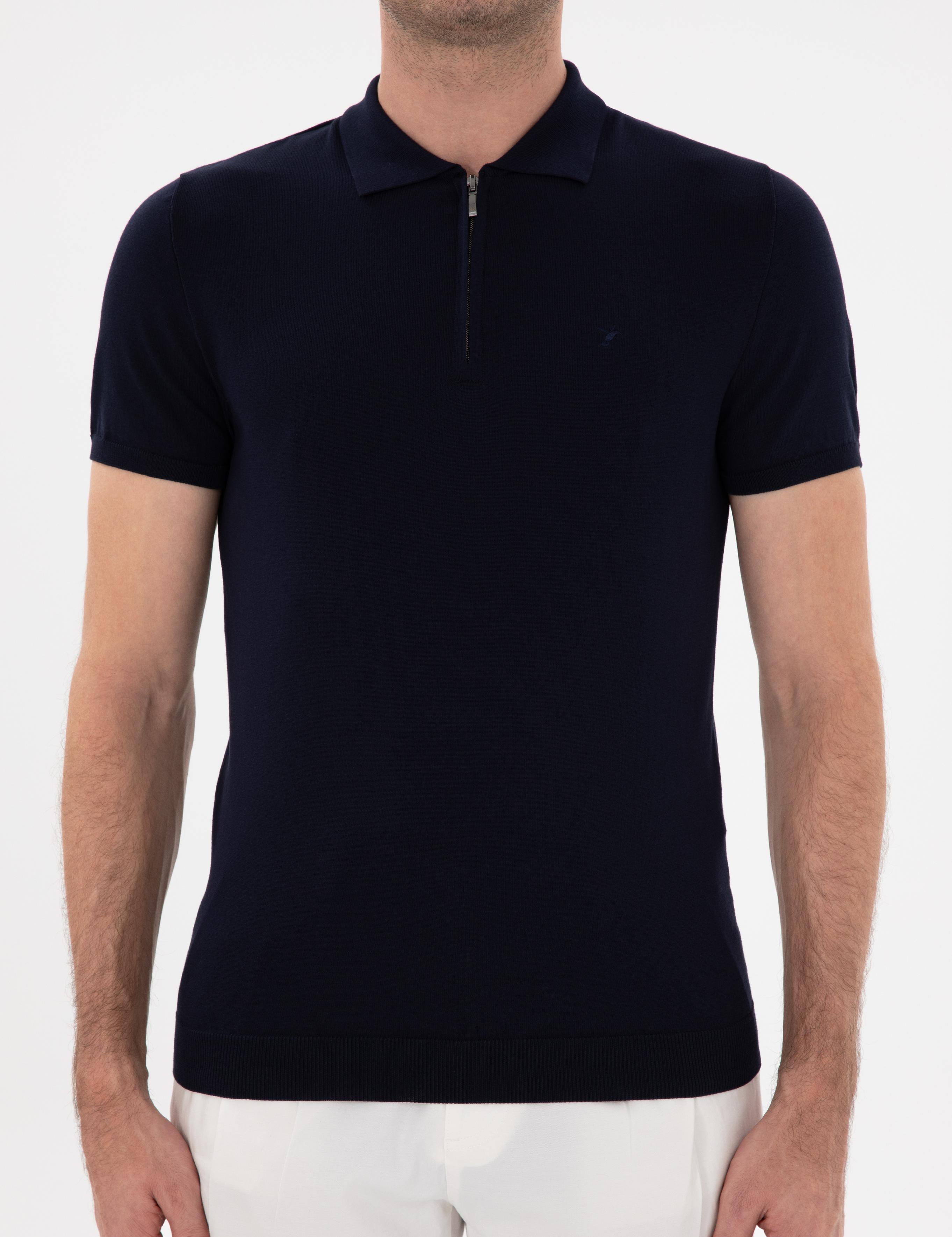 Lacivert Slim Fit Fermuarlı Polo Yaka Triko T-shirt - 50309881004