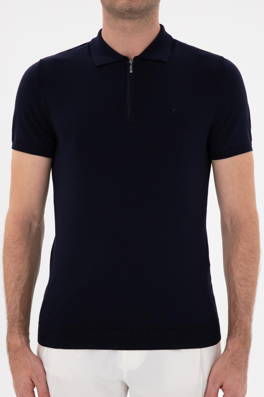Lacivert Slim Fit Fermuarlı Polo Yaka Triko T-shirt - 50309881004