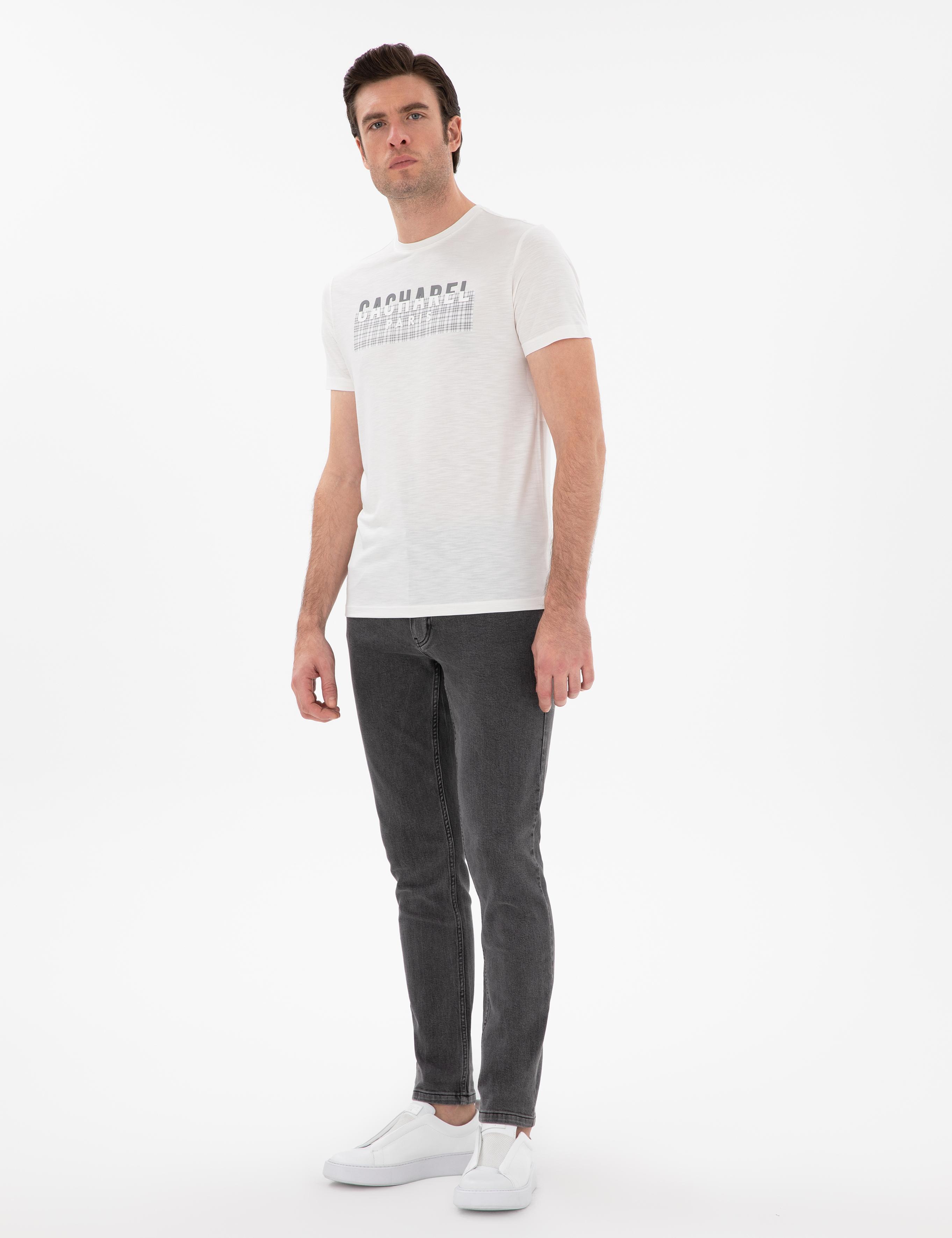 Beyaz Slim Fit Bisiklet Yaka Desenli T-shirt - 50302274004