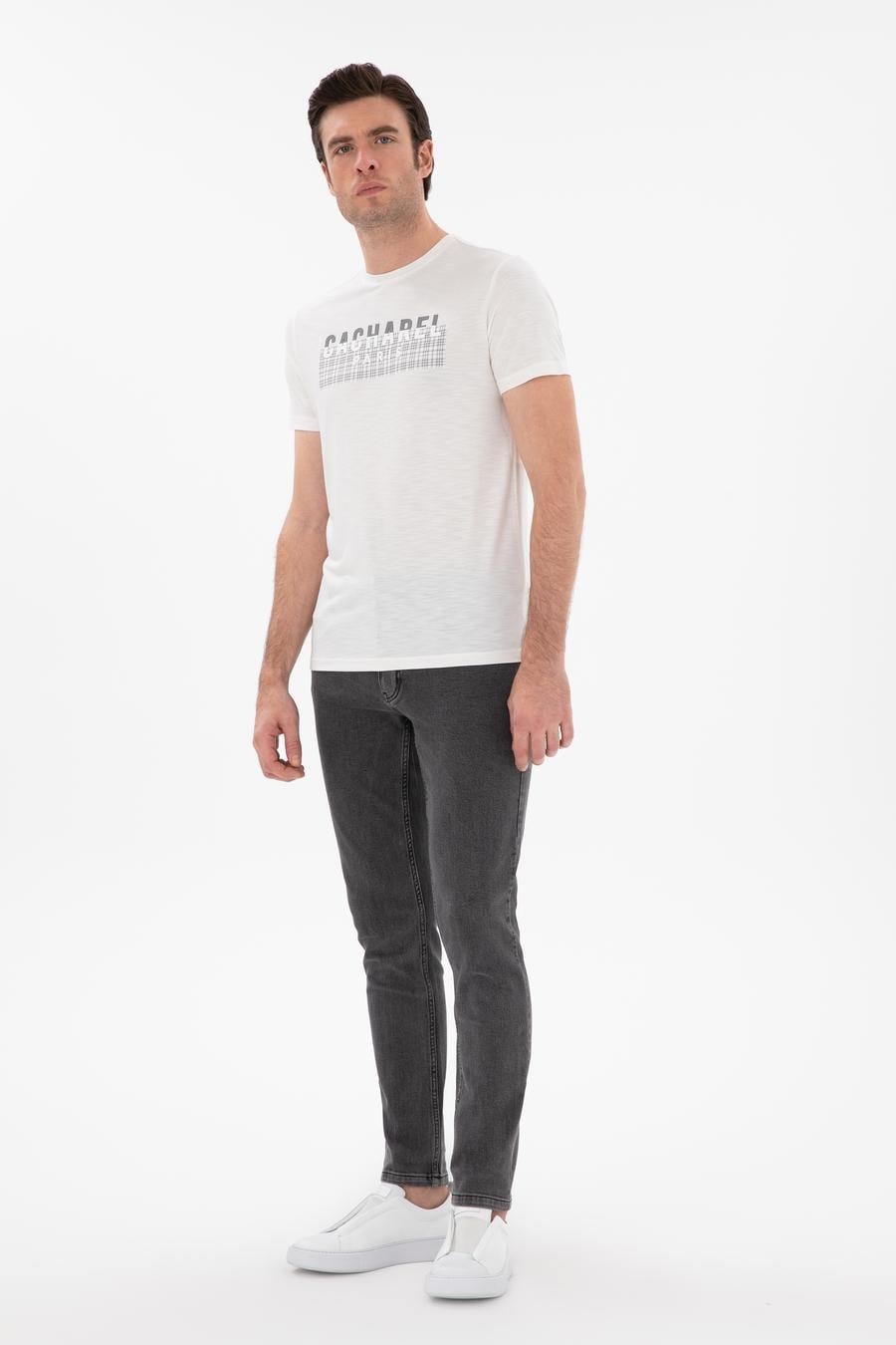 Beyaz Slim Fit Bisiklet Yaka Desenli T-shirt - 50302274004