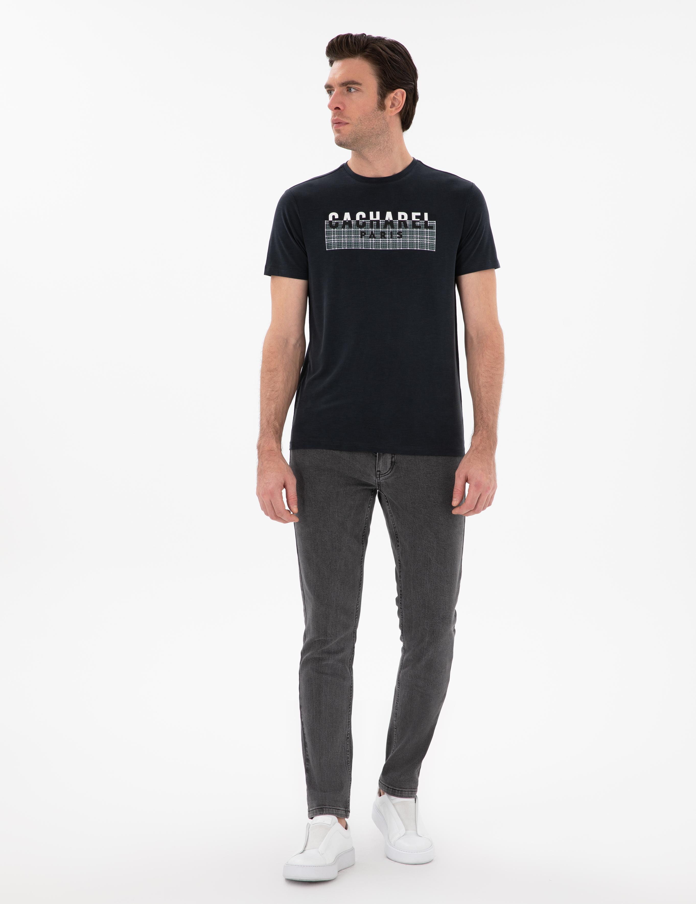 Siyah Slim Fit Bisiklet Yaka Desenli T-shirt - 50302274020