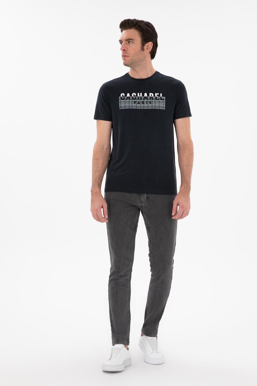Siyah Slim Fit Bisiklet Yaka Desenli T-shirt - 50302274020