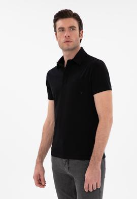 Siyah Slim Fit Pamuk Karışımlı Polo Yaka Cepli T-shirt