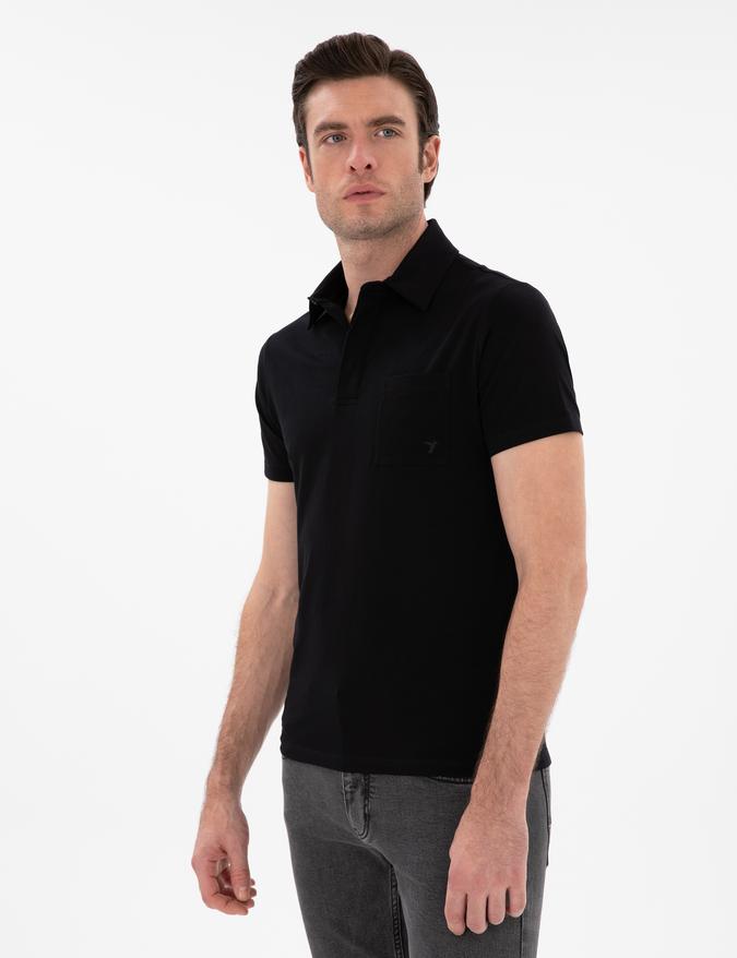 Siyah Slim Fit Pamuk Karışımlı Polo Yaka Cepli T-shirt