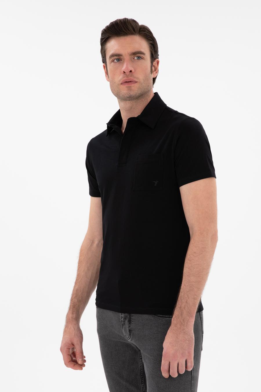 Siyah Slim Fit Pamuk Karışımlı Polo Yaka Cepli T-shirt - 50300715053