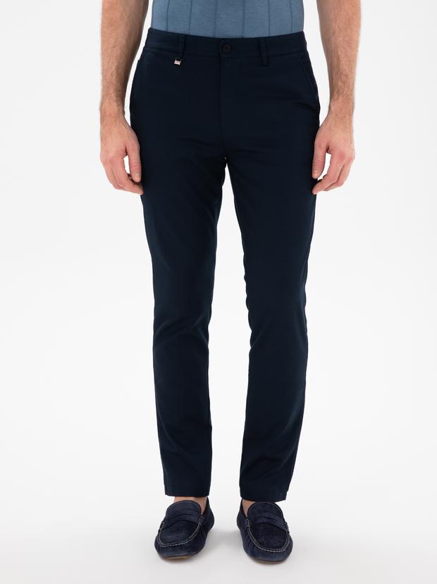 Lacivert Slim Fit Dokulu Pamuk Karışımlı Kanvas Pantolon