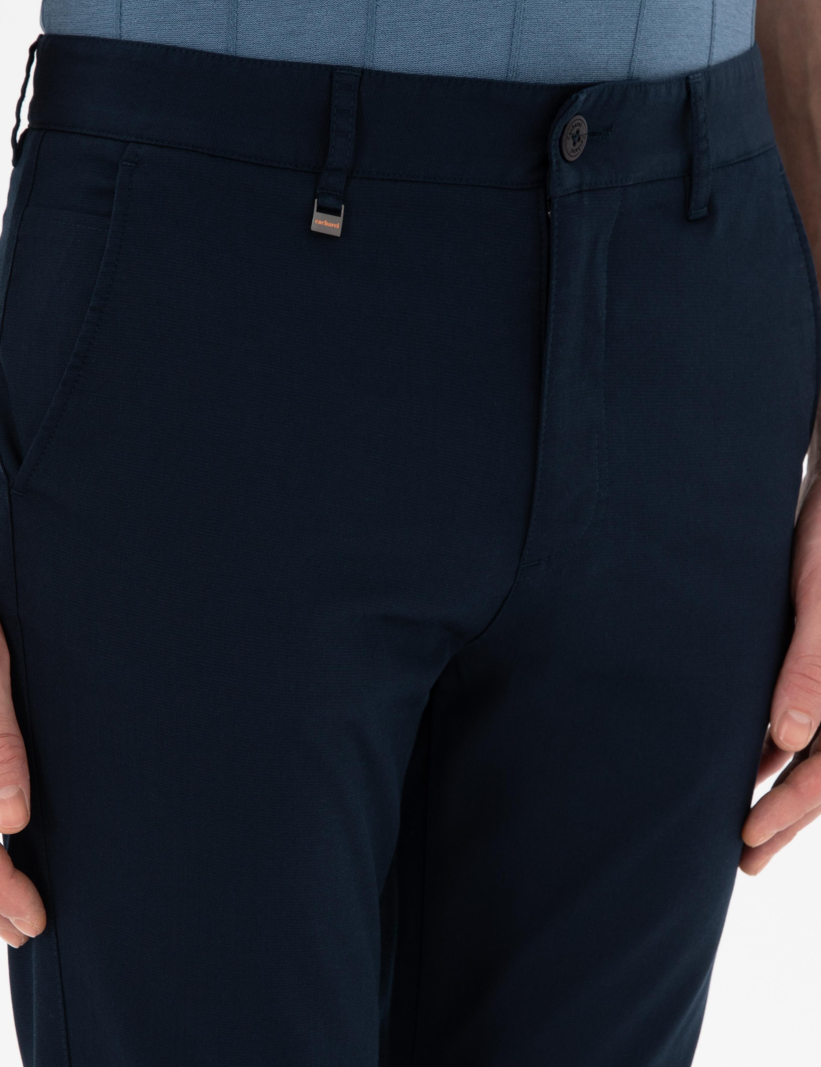 Lacivert Slim Fit Dokulu Pamuk Karışımlı Kanvas Pantolon - 50300913013