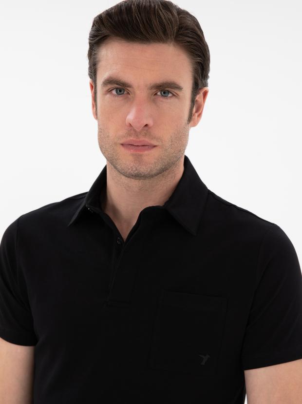 Siyah Slim Fit Pamuk Karışımlı Polo Yaka Cepli T-shirt