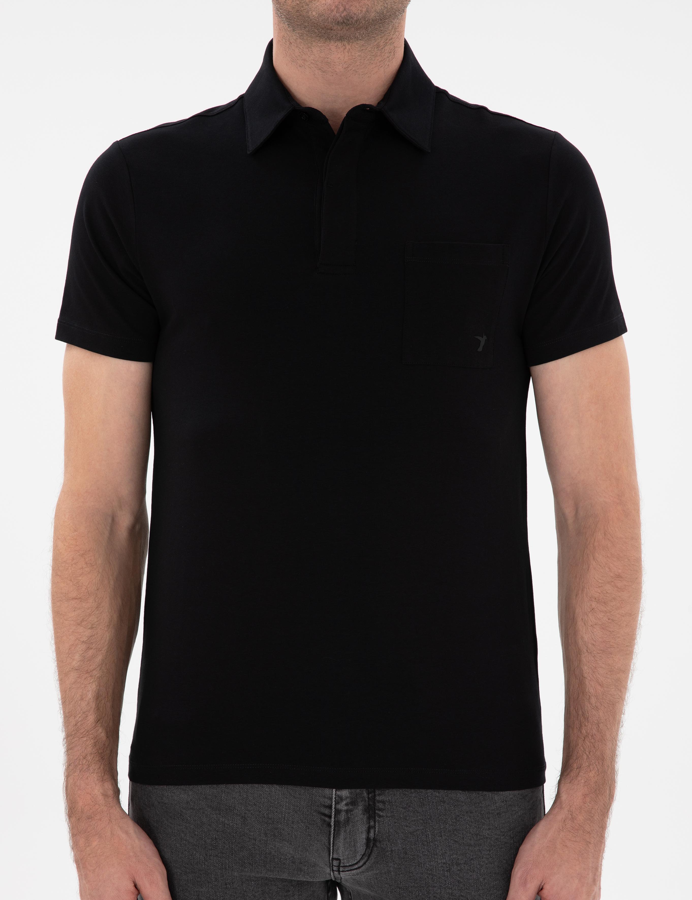 Siyah Slim Fit Pamuk Karışımlı Polo Yaka Cepli T-shirt - 50300715053