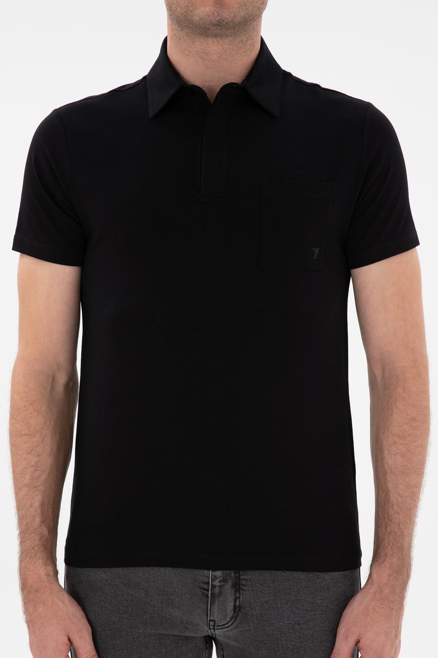 Siyah Slim Fit Pamuk Karışımlı Polo Yaka Cepli T-shirt - 50300715053