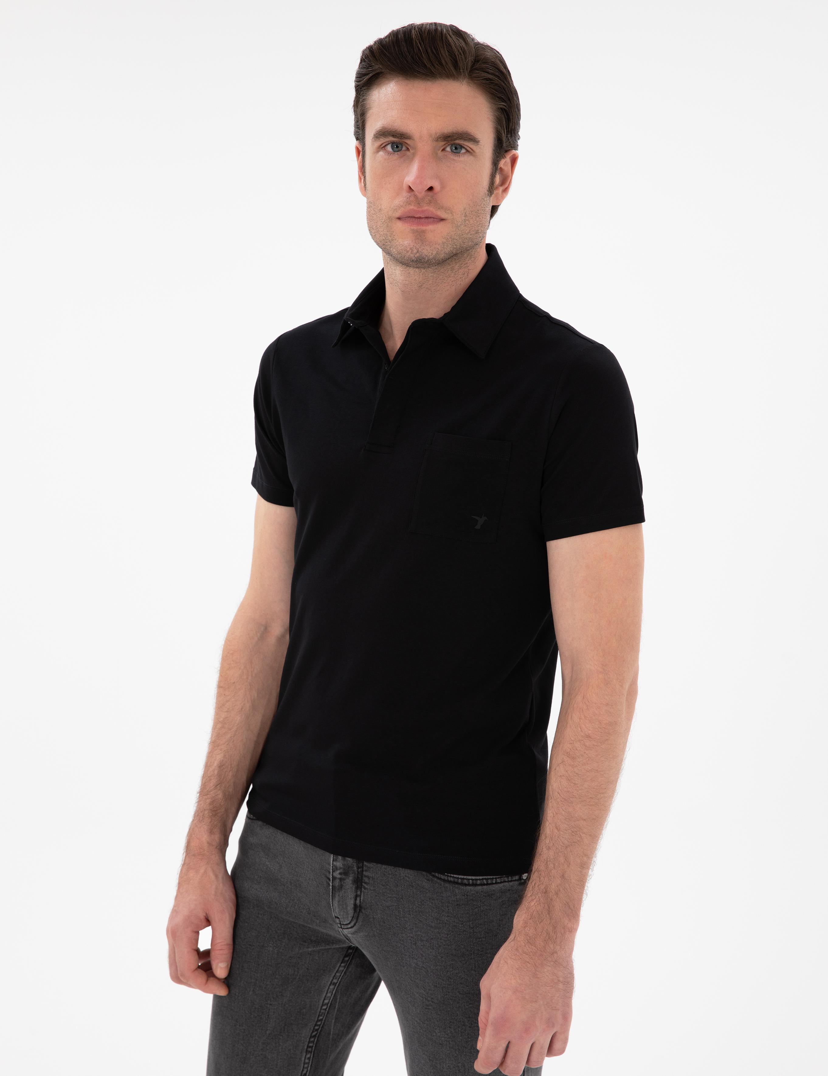 Siyah Slim Fit Pamuk Karışımlı Polo Yaka Cepli T-shirt - 50300715053