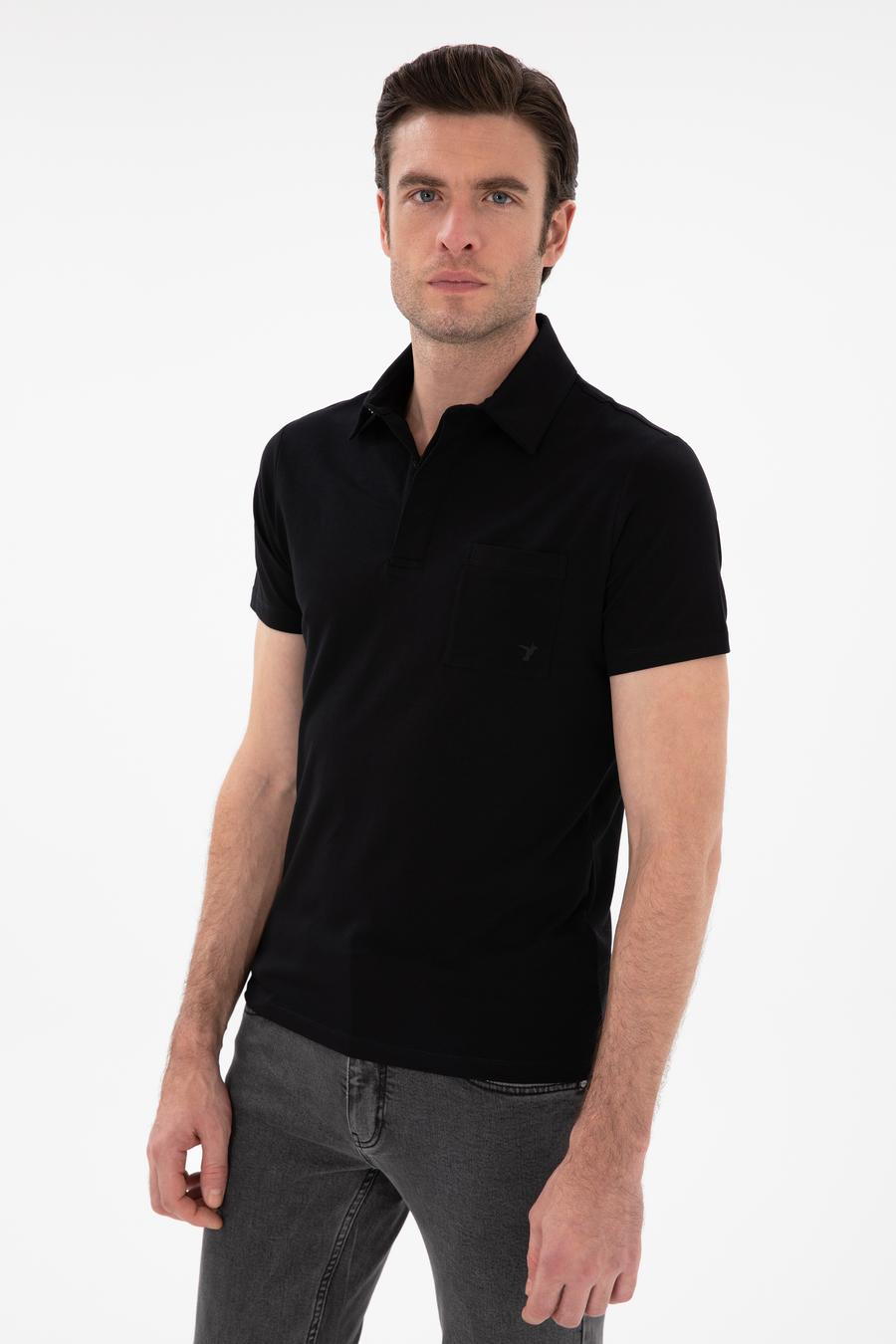 Siyah Slim Fit Pamuk Karışımlı Polo Yaka Cepli T-shirt - 50300715053