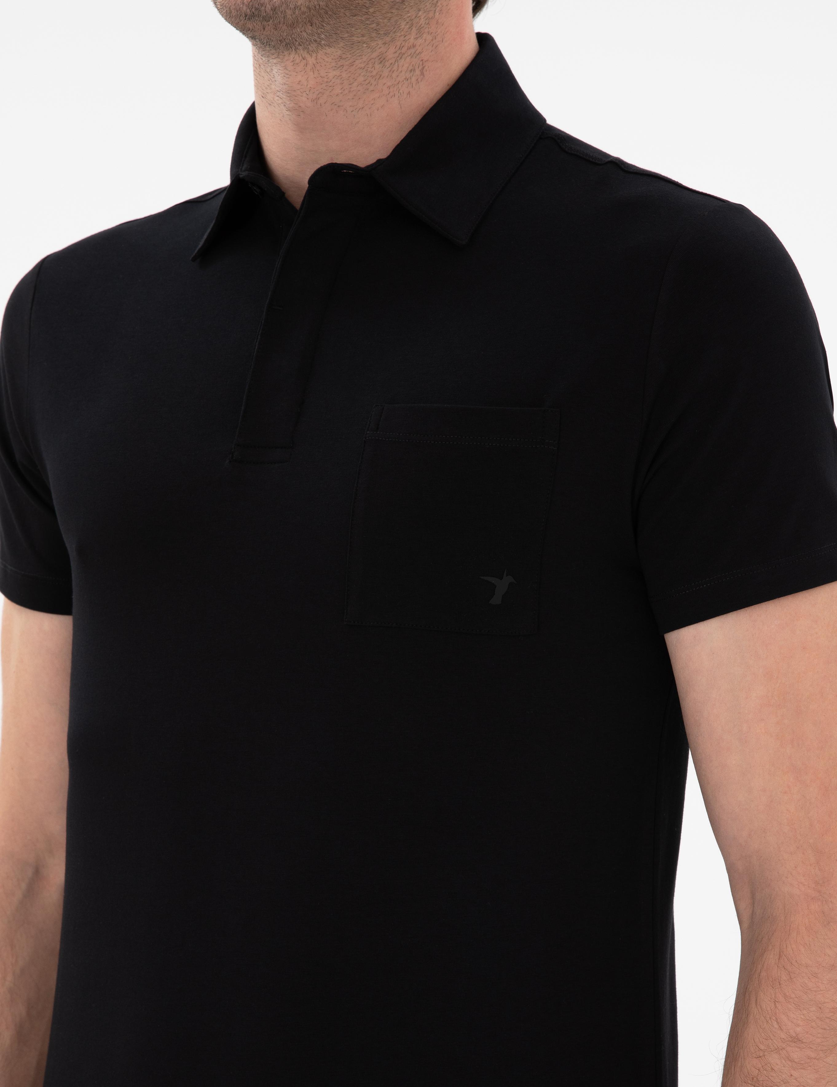 Siyah Slim Fit Pamuk Karışımlı Polo Yaka Cepli T-shirt - 50300715053
