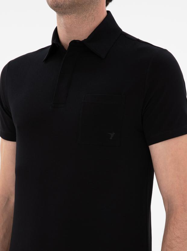 Siyah Slim Fit Pamuk Karışımlı Polo Yaka Cepli T-shirt