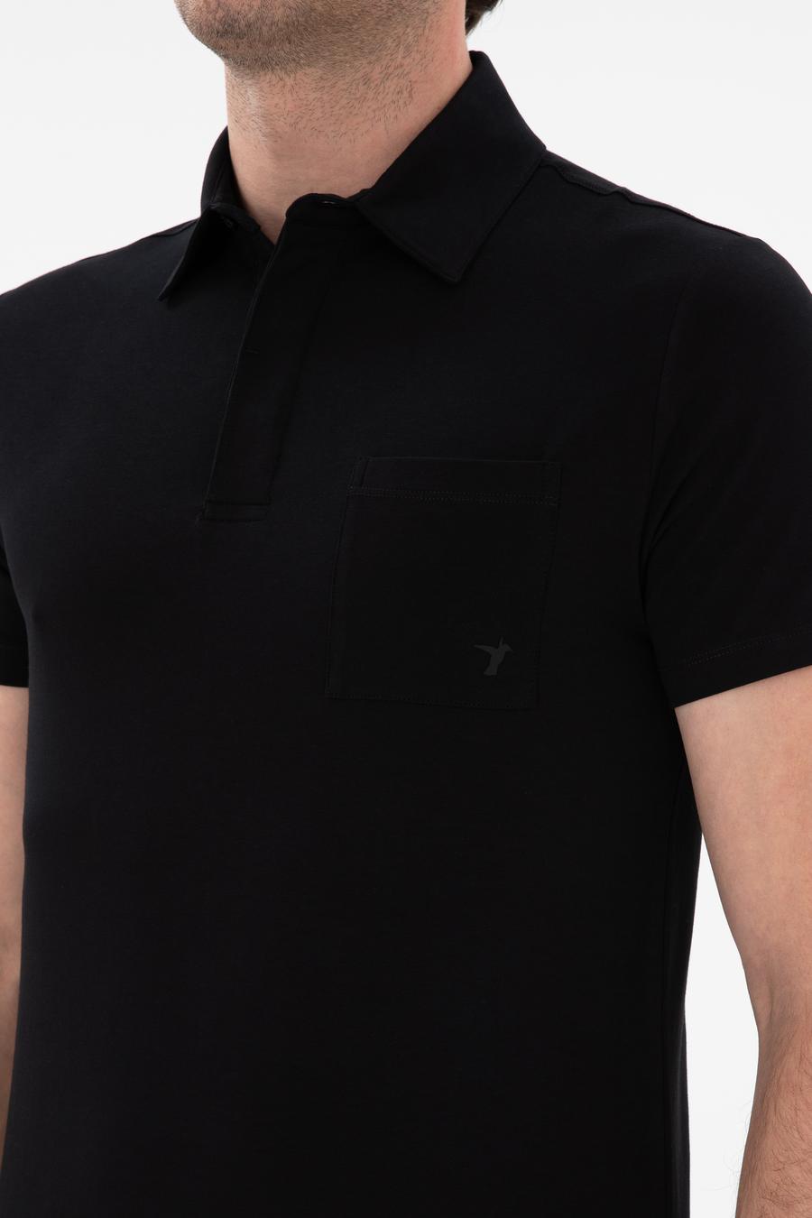 Siyah Slim Fit Pamuk Karışımlı Polo Yaka Cepli T-shirt - 50300715053