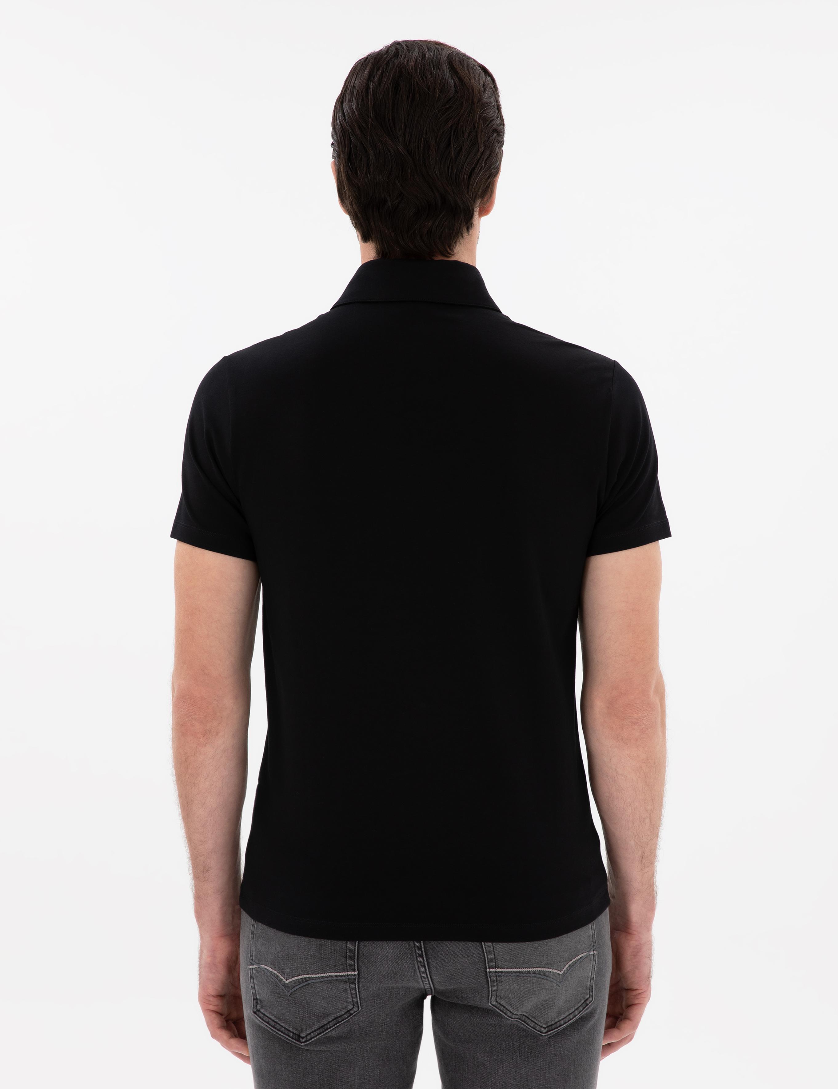 Siyah Slim Fit Pamuk Karışımlı Polo Yaka Cepli T-shirt - 50300715053