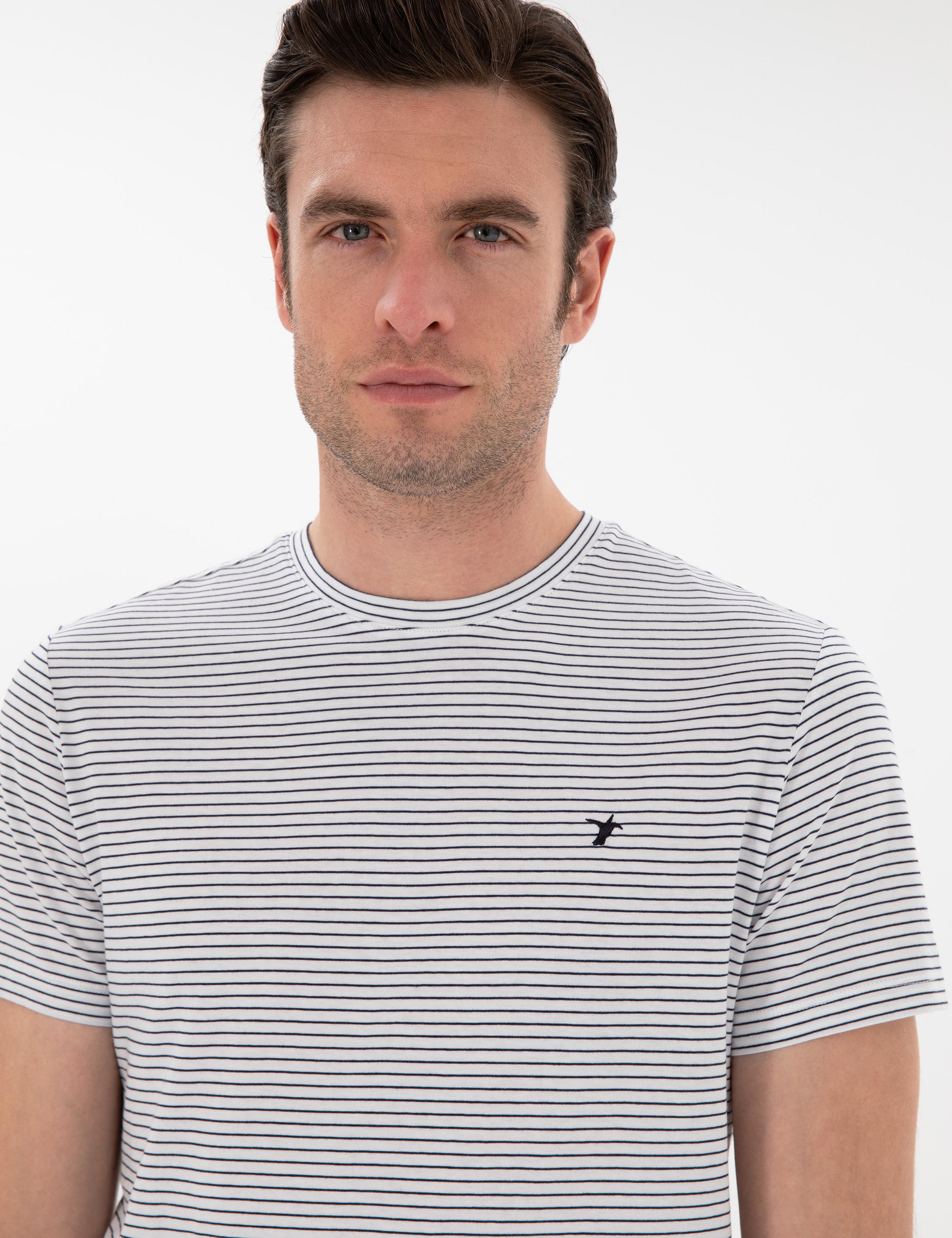 Beyaz Slim Fit Bisiklet Yaka Çizgili T-shirt - 50303384007