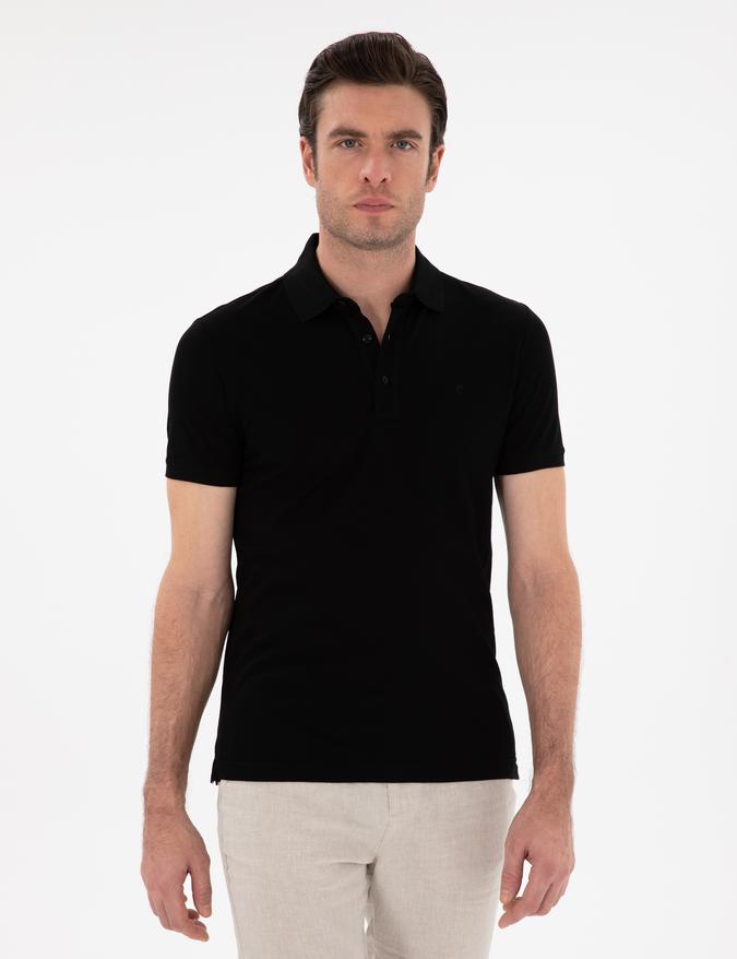 Siyah Slim Fit  %100 PamukPolo Yaka Merserize T-shirt