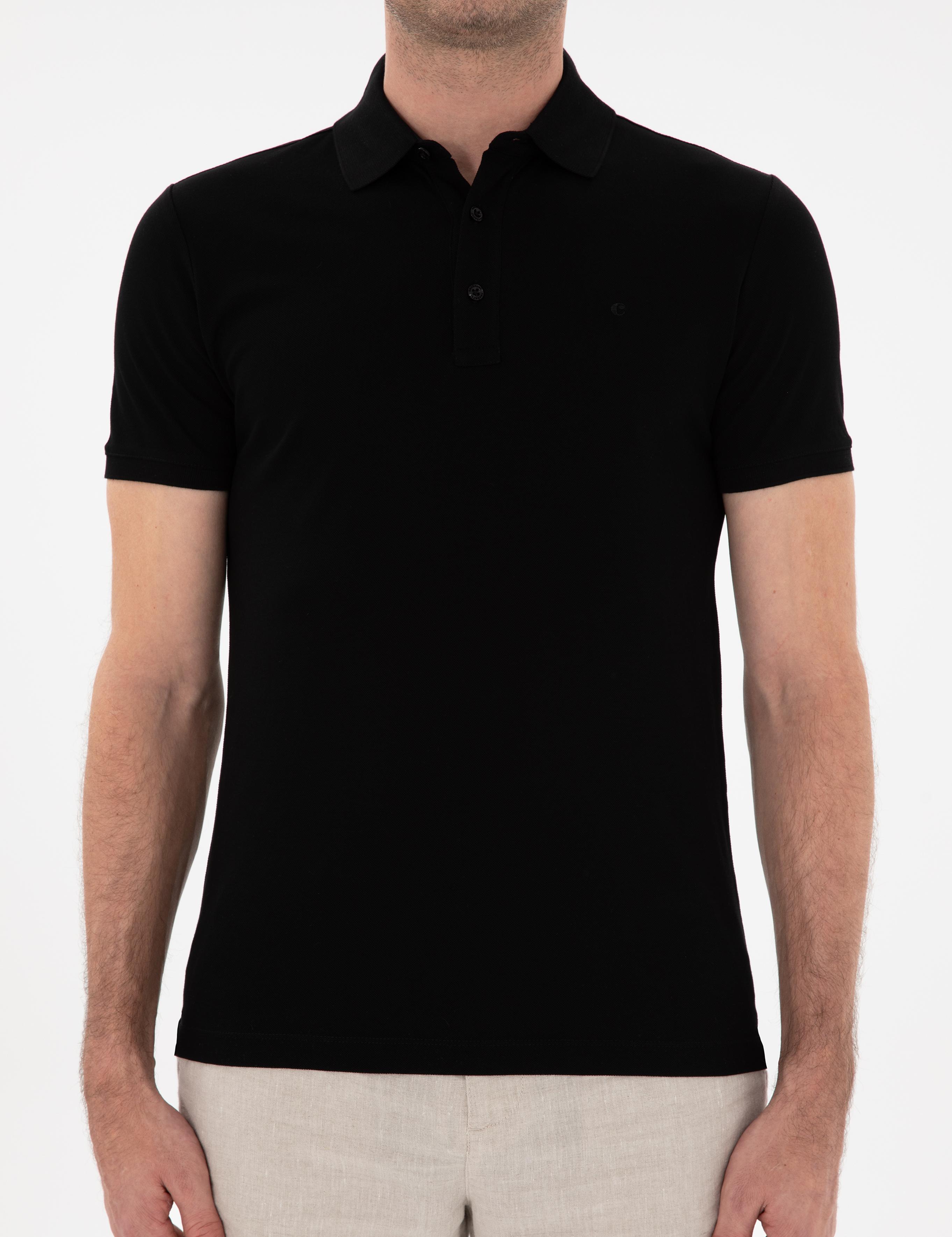 Siyah Slim Fit  %100 PamukPolo Yaka Merserize T-shirt - 50284769002