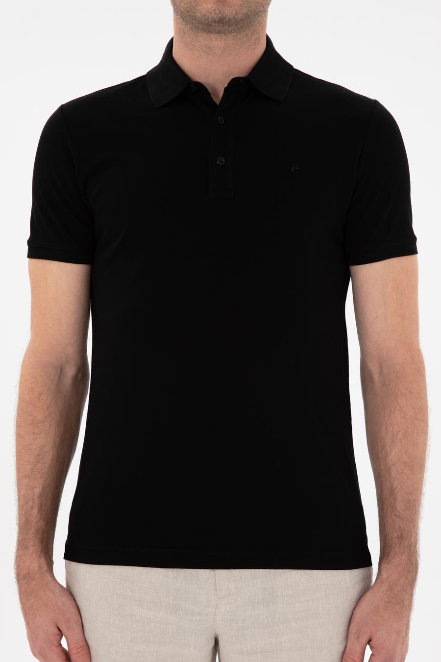 Siyah Slim Fit  %100 PamukPolo Yaka Merserize T-shirt - 50284769002