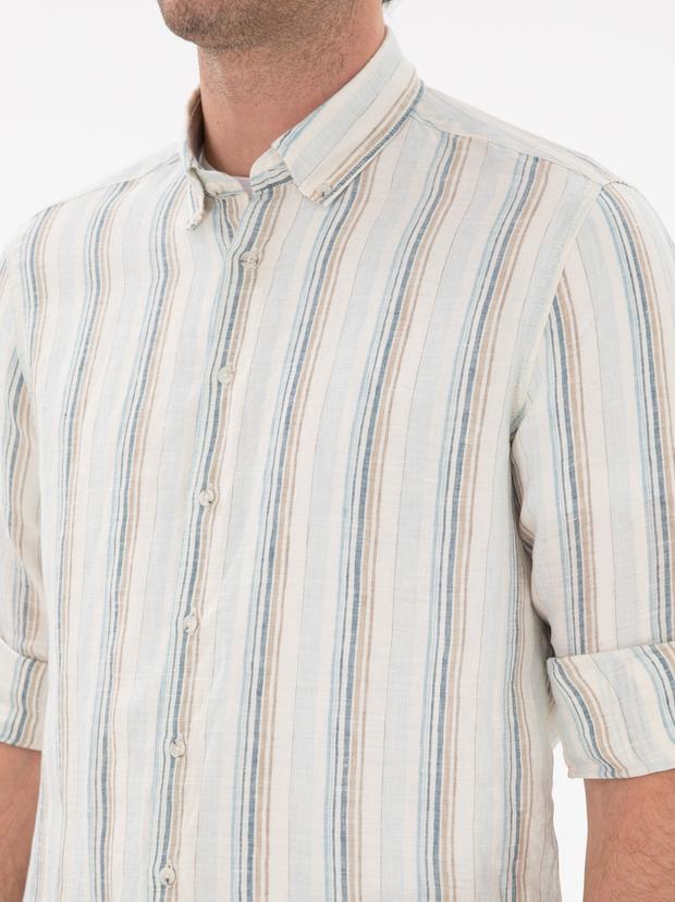 Açık Mavi Slim Fit Çizgili Yakası Düğmeli %100 Keten Gömlek