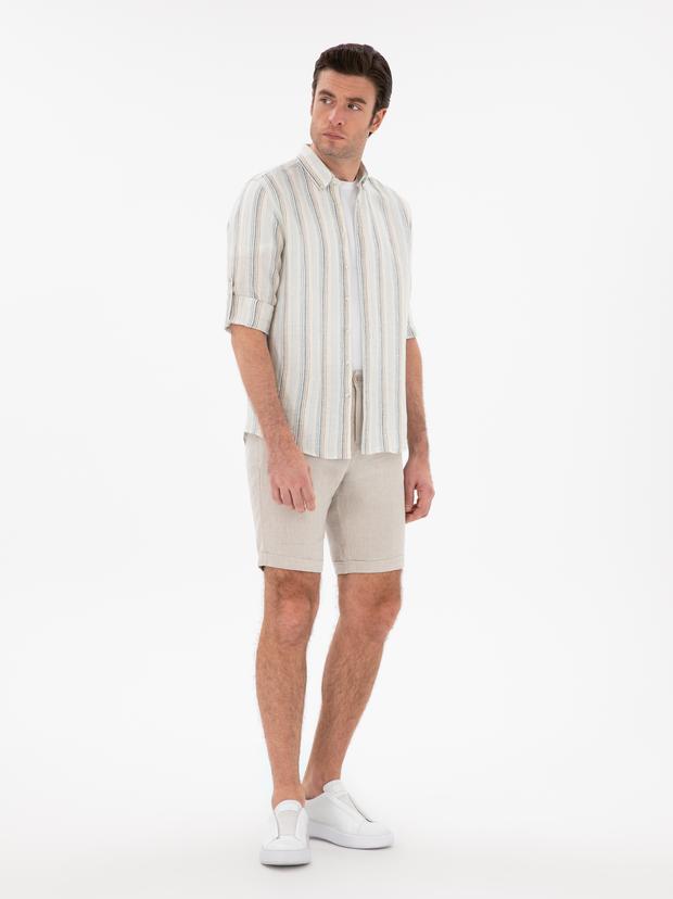 Bej Regular Fit %100 Keten Bermuda Şort