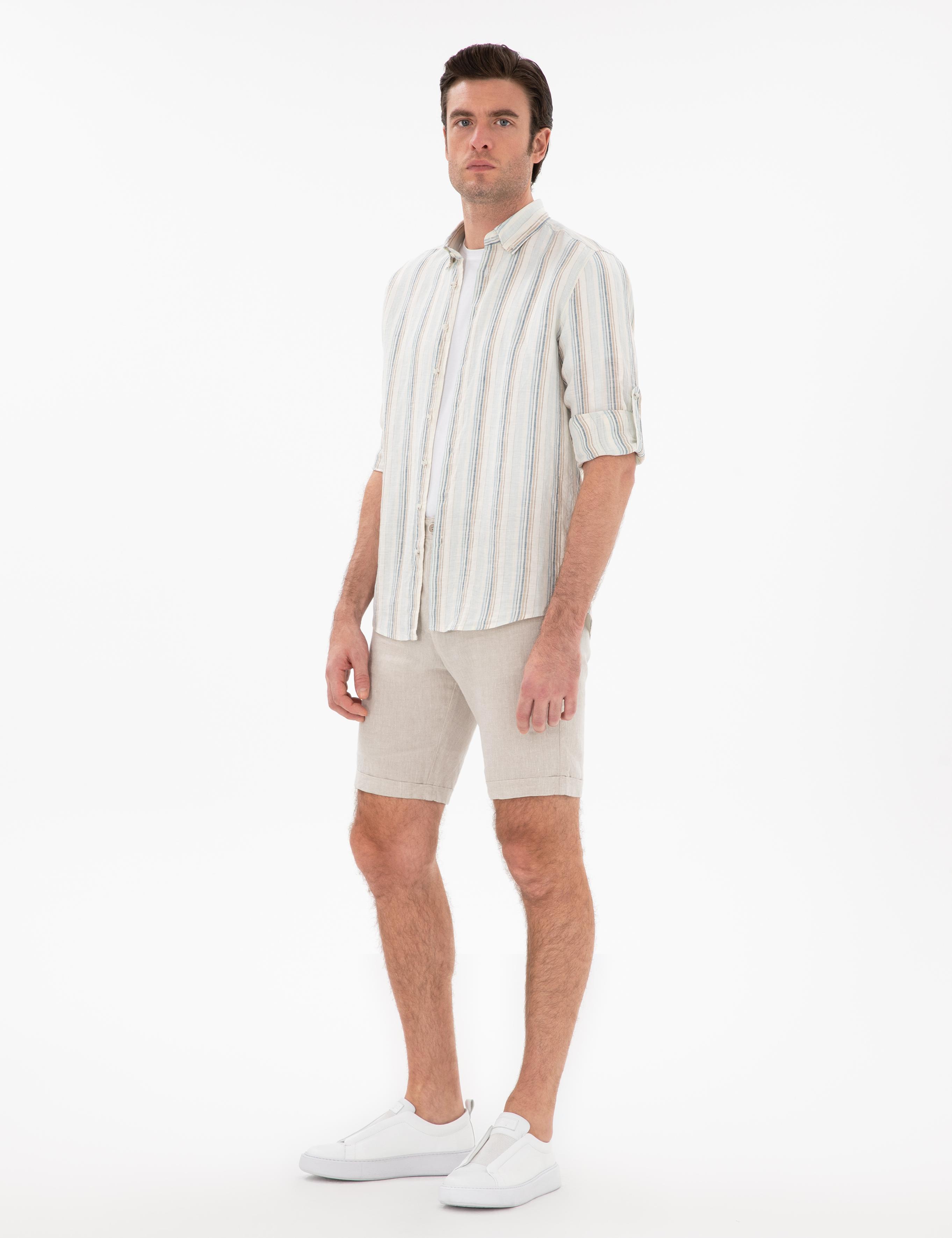 Bej Regular Fit %100 Keten Bermuda Şort - 50305617010