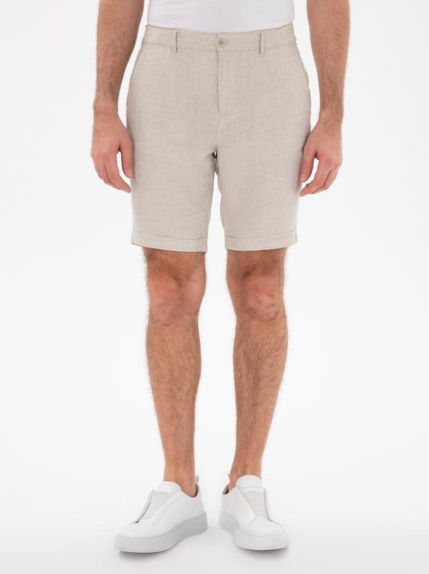 Bej Regular Fit %100 Keten Bermuda Şort