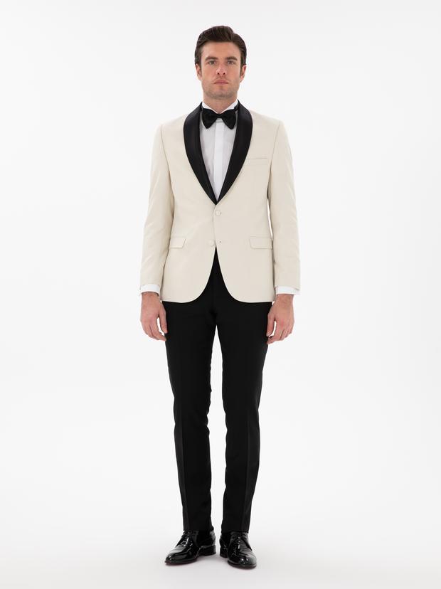 Ekru Slim Fit Şal Yaka Smokin Damatlık