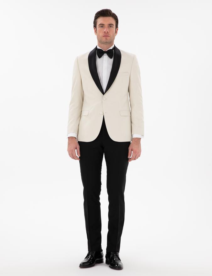Ekru Slim Fit Şal Yaka Smokin Damatlık