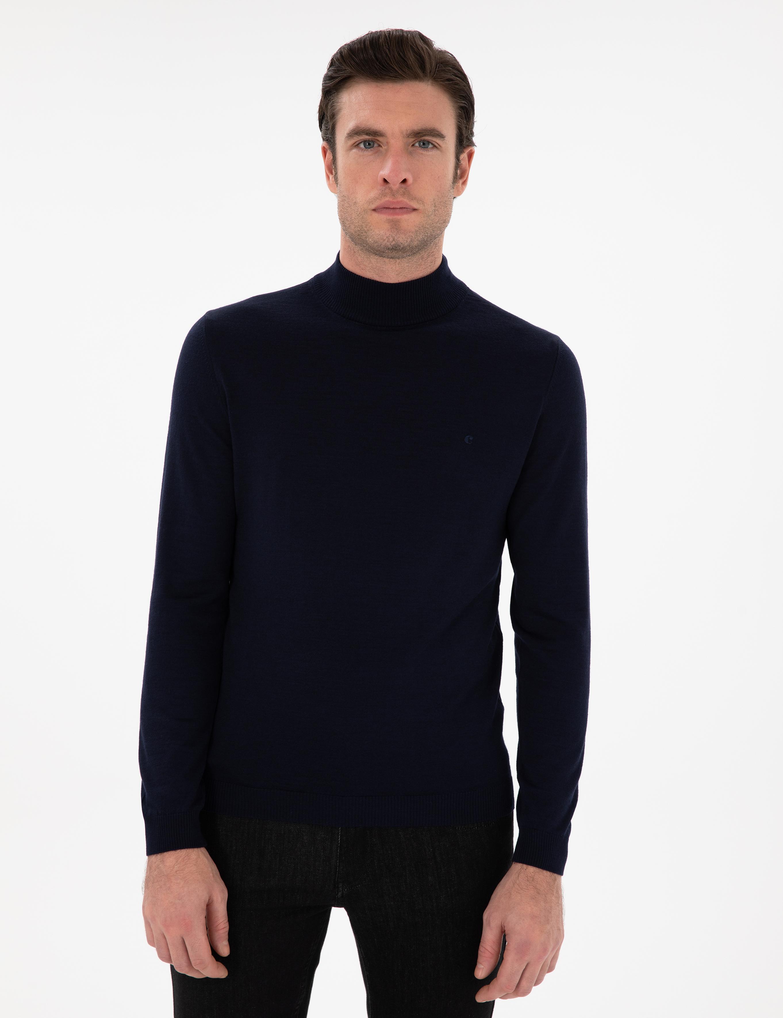 Lacivert Slim Fit Yün Karışımlı Yarım Balıkçı Yaka Basic Triko Kazak - 50293281052
