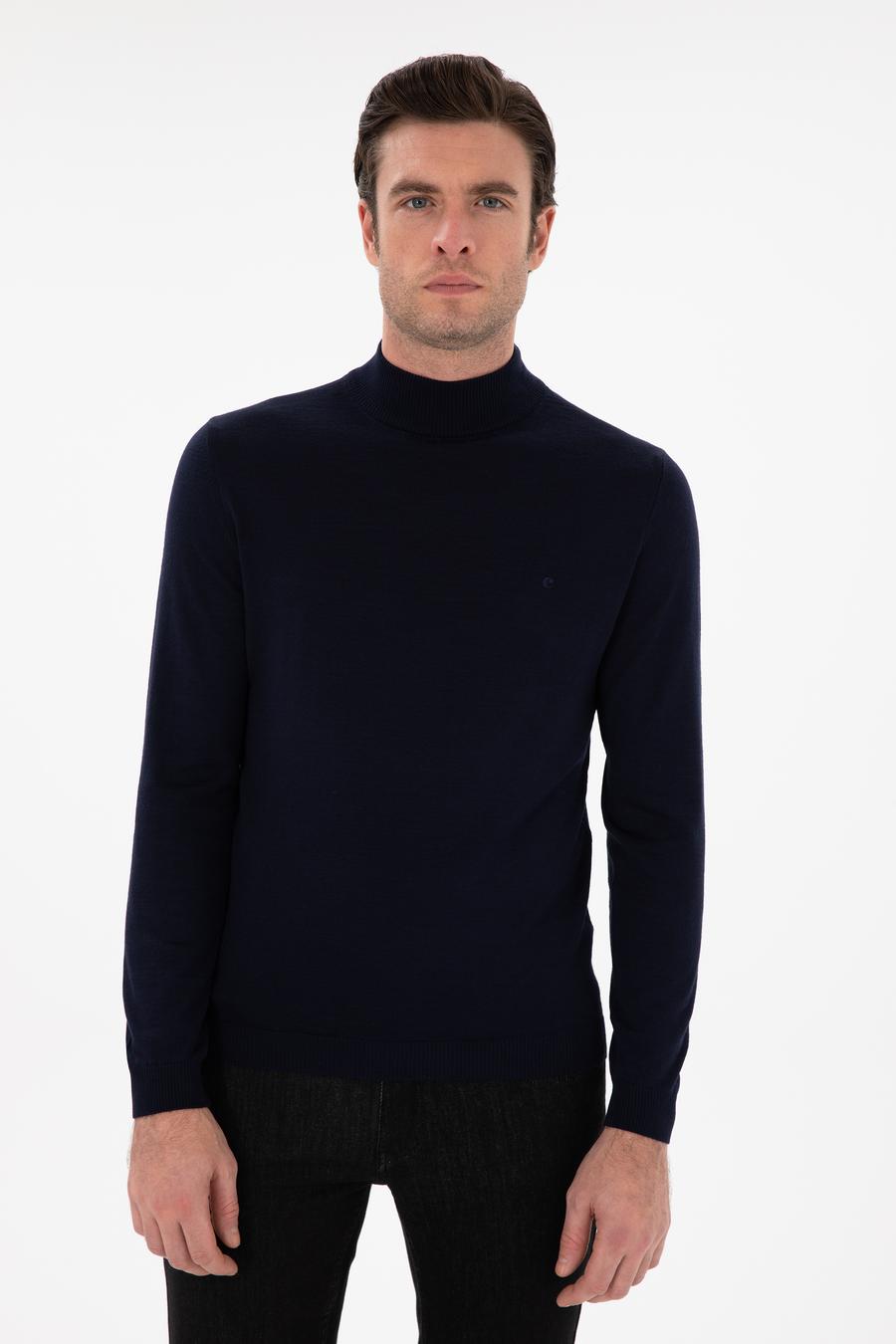 Lacivert Slim Fit Yün Karışımlı Yarım Balıkçı Yaka Basic Triko Kazak - 50293281052