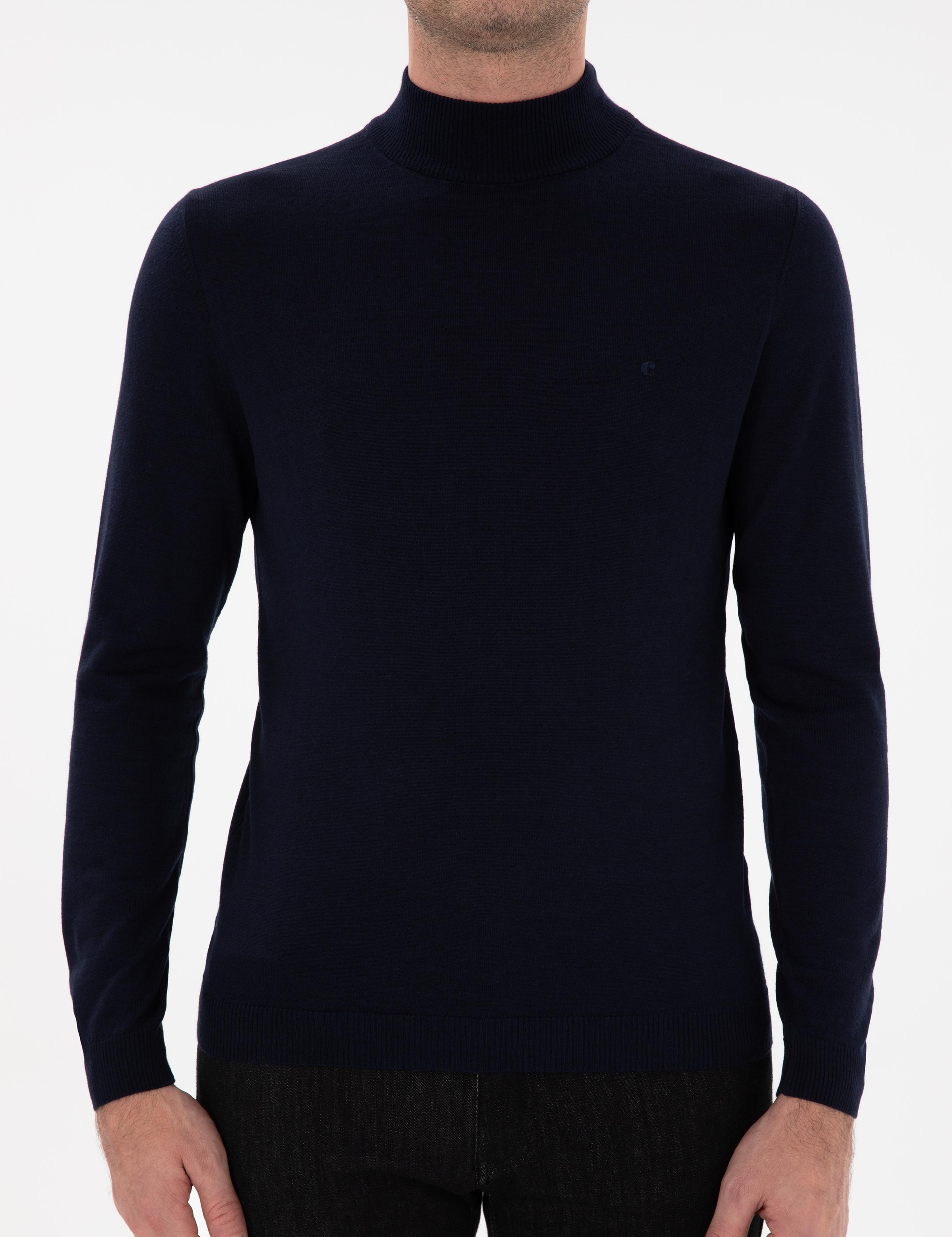 Lacivert Slim Fit Yün Karışımlı Yarım Balıkçı Yaka Basic Triko Kazak - 50293281052