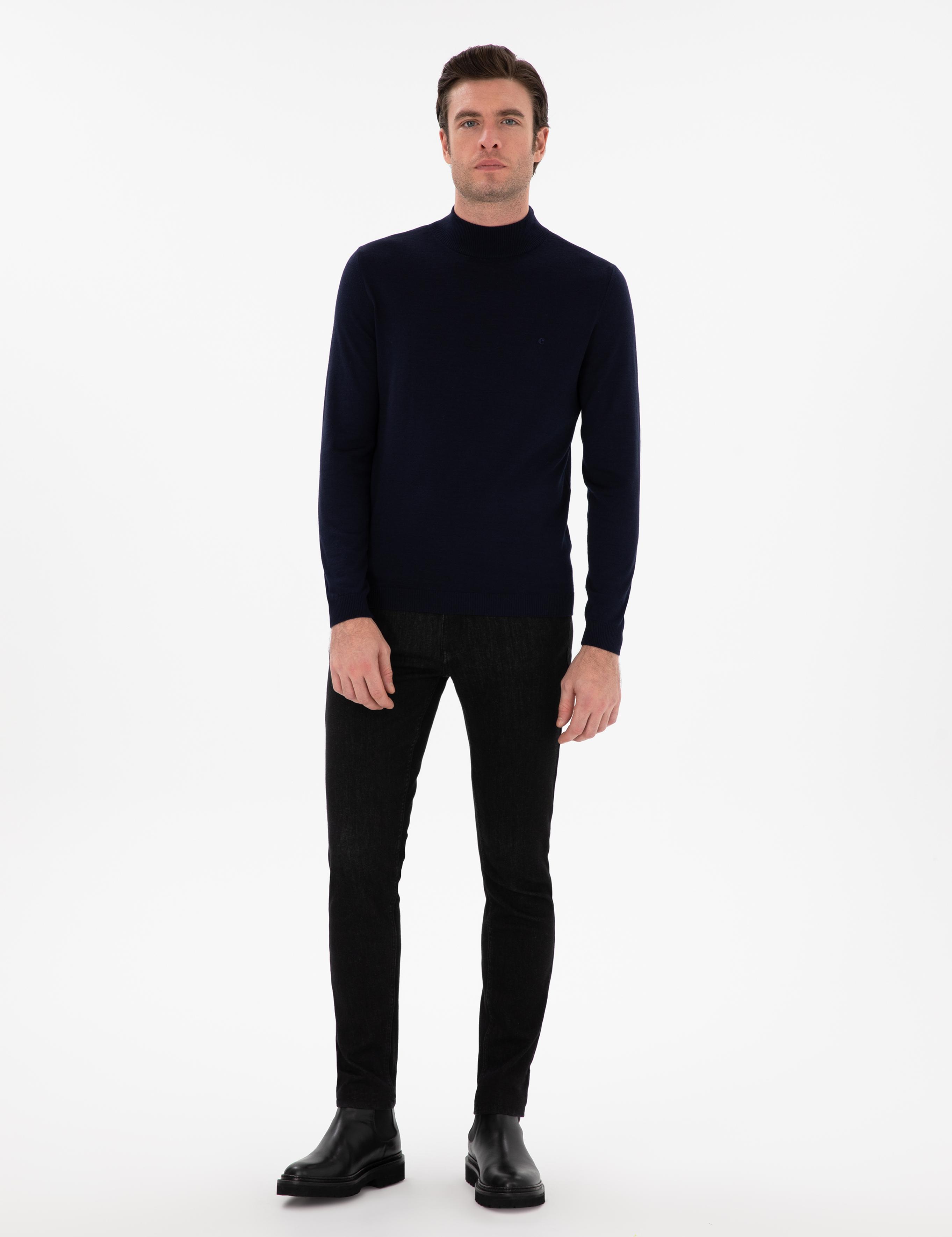 Lacivert Slim Fit Yün Karışımlı Yarım Balıkçı Yaka Basic Triko Kazak - 50293281052