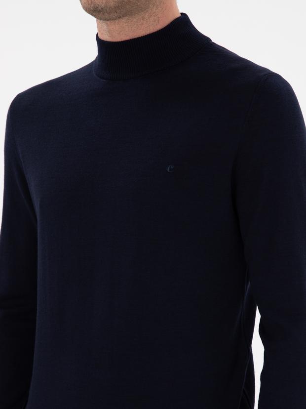 Lacivert Slim Fit Yün Karışımlı Yarım Balıkçı Yaka Basic Triko Kazak
