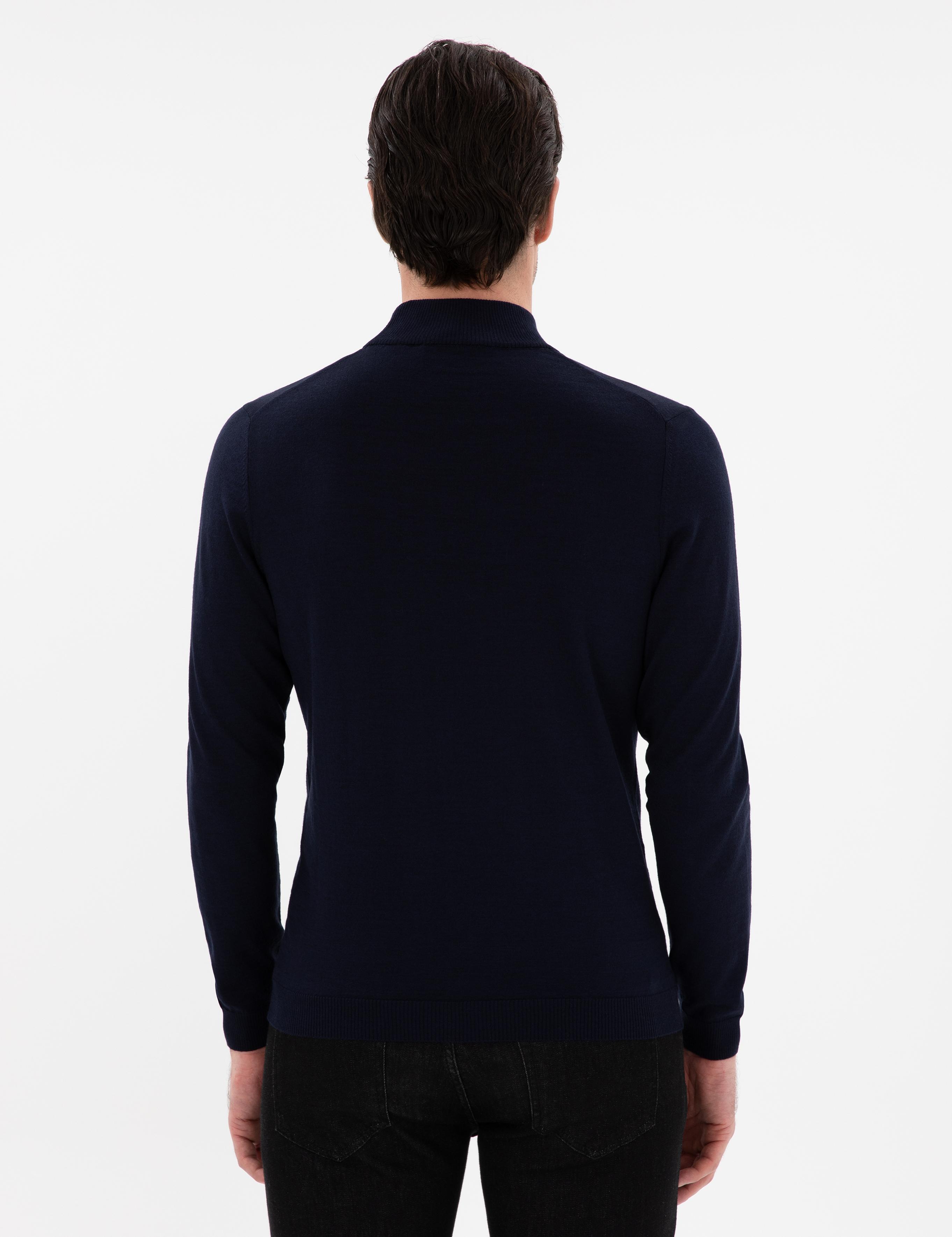 Lacivert Slim Fit Yün Karışımlı Yarım Balıkçı Yaka Basic Triko Kazak - 50293281052