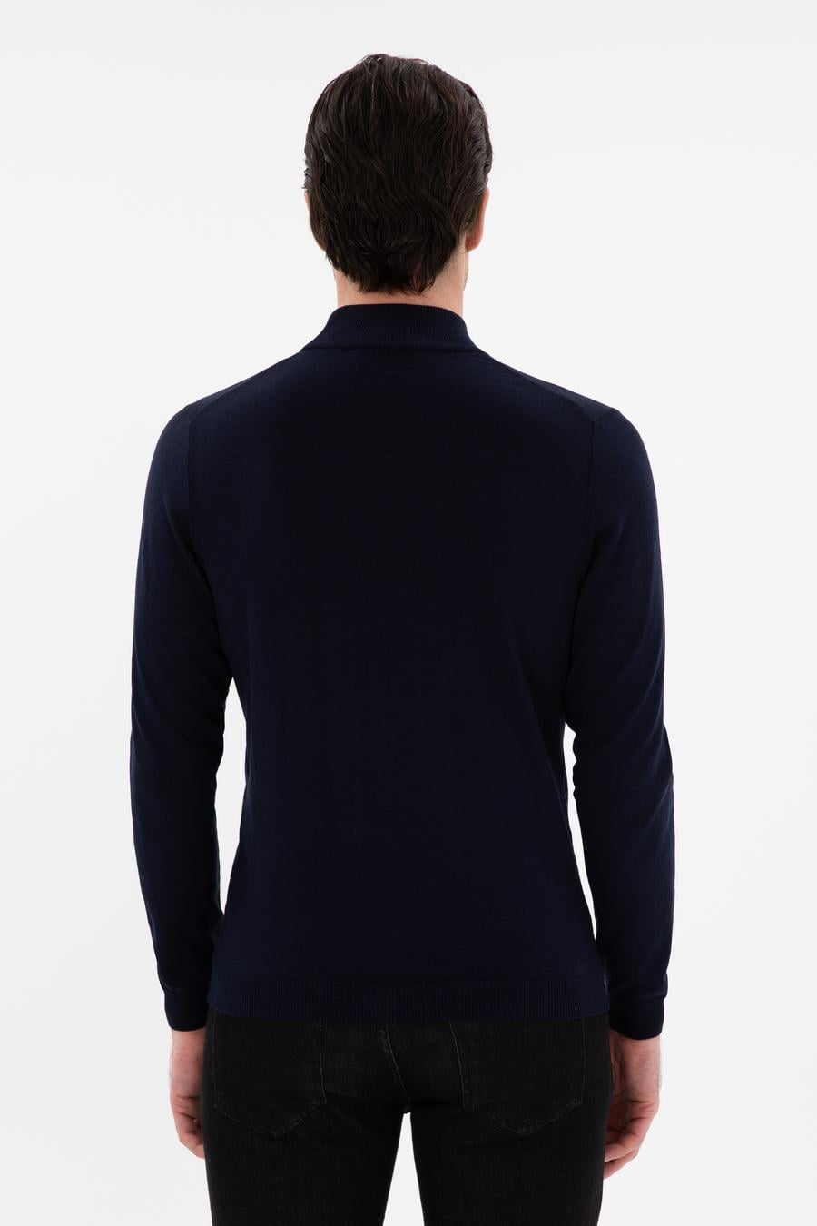 Lacivert Slim Fit Yün Karışımlı Yarım Balıkçı Yaka Basic Triko Kazak - 50293281052