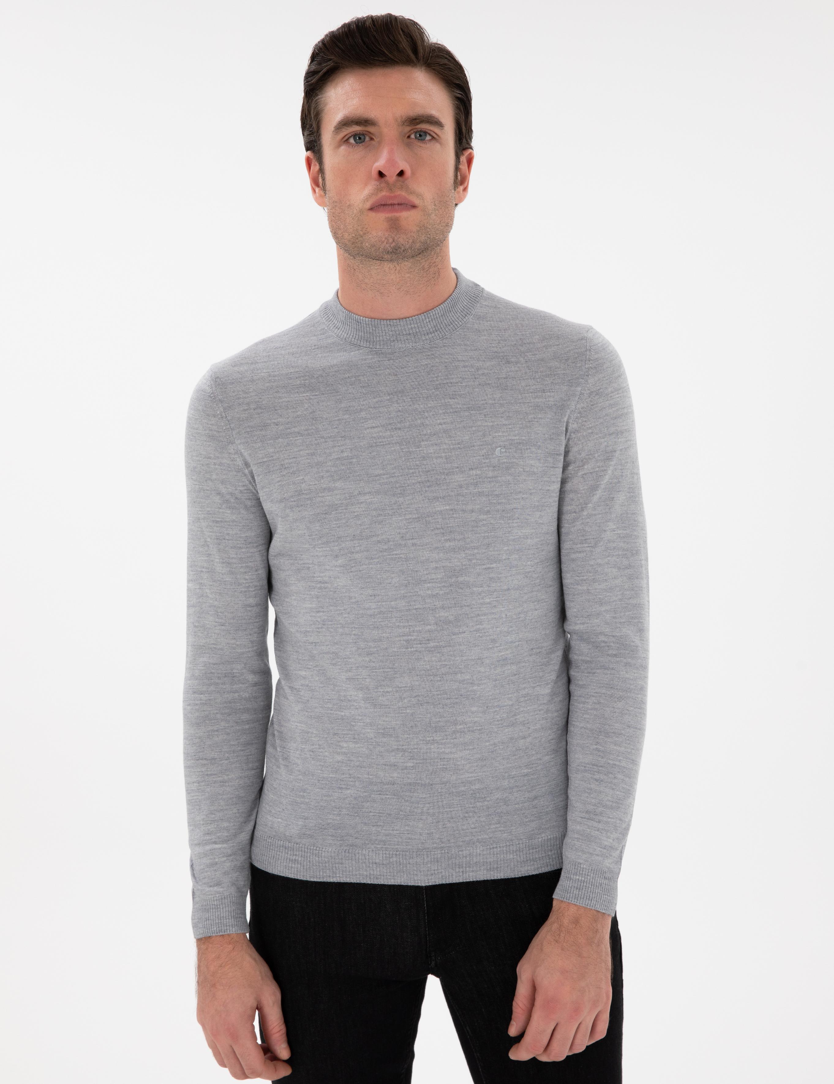 Gri Slim Fit Yün Karışımlı Çeyrek Balıkçı Yaka Basic Triko Kazak - 50296402094