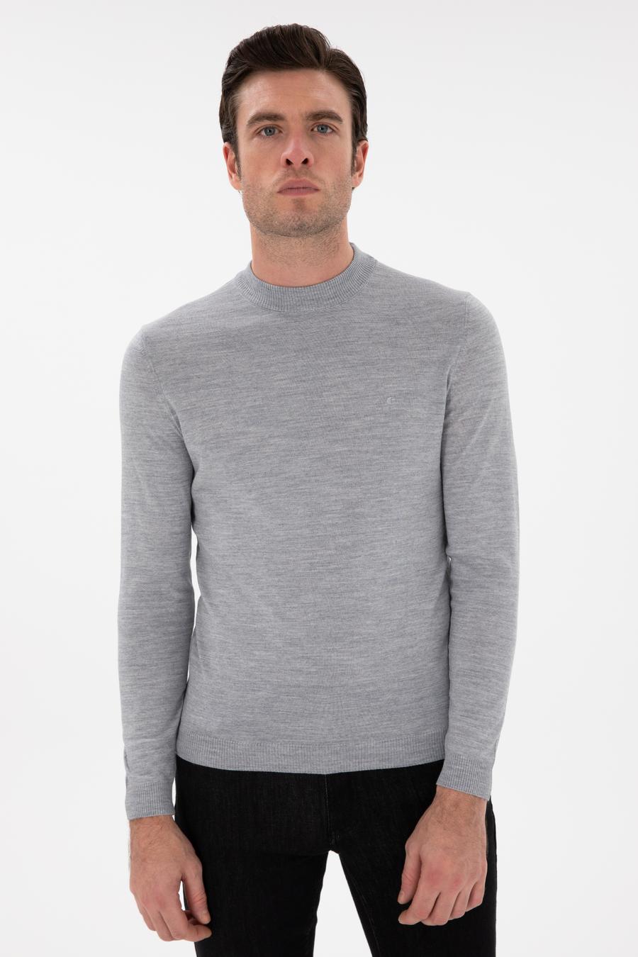 Gri Slim Fit Yün Karışımlı Çeyrek Balıkçı Yaka Basic Triko Kazak - 50296402094