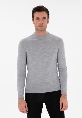 Gri Slim Fit Yün Karışımlı Çeyrek Balıkçı Yaka Basic Triko Kazak